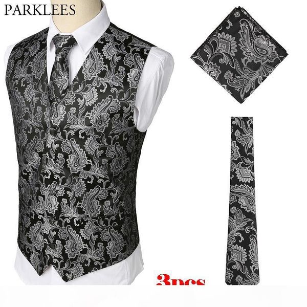 

mens black waistcoats slim fit men 3pcs vest+necktie+handkerchief set 2018 paisley jacquard tuxedo suit vest for party wedding, Black;white