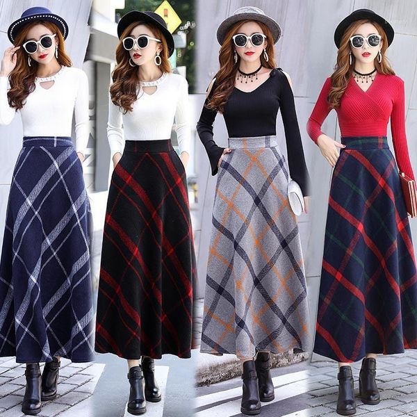 

real swoolen a-line plaid skirt autumn winter thick warm pocket long skirt women clothes1, Black