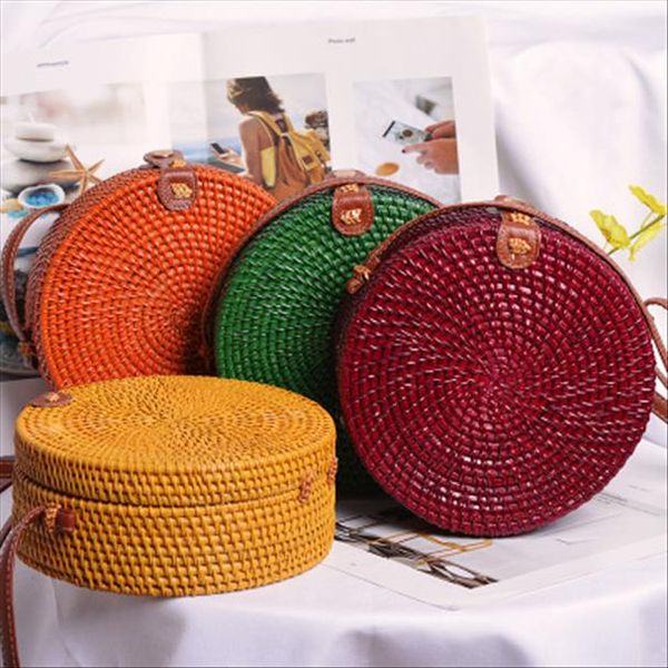 

summer bali hand woven women rattan bag round shoulder crossbody bags beach straw bag bohemian knitting travel circular handbags