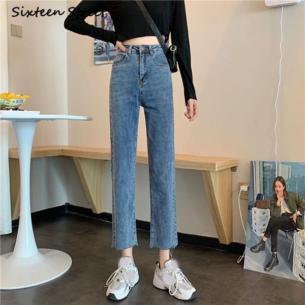 

women's jeans wide leg pants for women trousers autumn spring straight denim female casual vintage button zipper washed korean clothing, Blue
