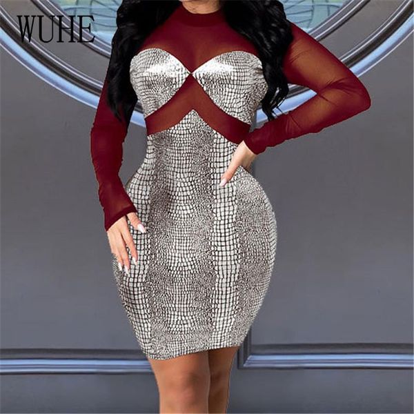 

wuhe shiny bronzing stitching dress patchwork mesh see through o neck long sleeve package hip tight fitting club party bodycon, Black;gray