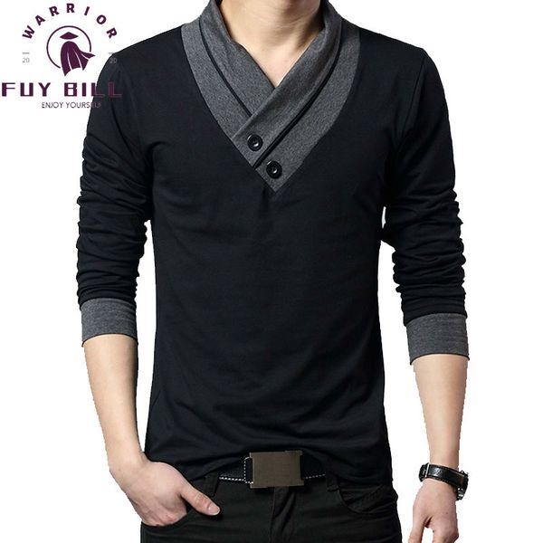 

fuy bill new brand trend slim fit long sleeve shirt patchwork collar tee v-neck men t-shirt cotton t shirts plus size 5xl, White;black