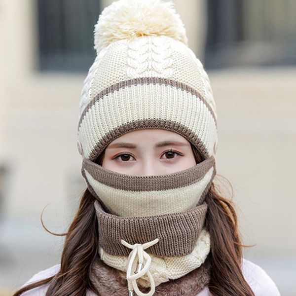 

new winter mask scarf knitted beanie hat set women warm balaclava hats female fashion outdoor cycling thick fleece hairball cap, Blue;gray