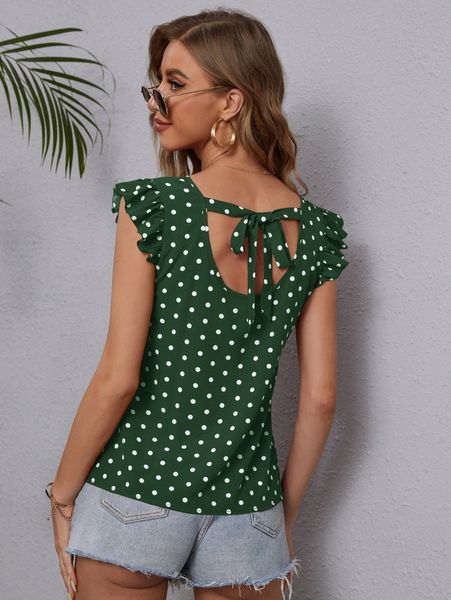 

polka dot ruffle trim v-neck blouse r3wo#, White