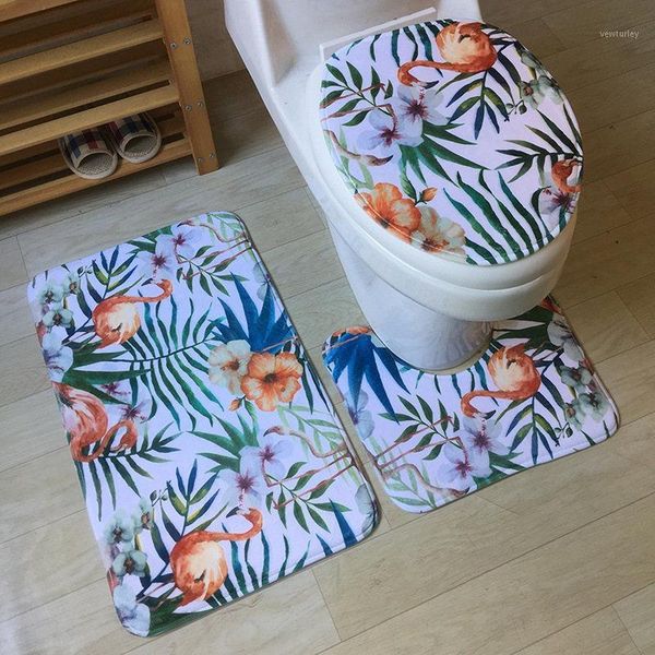 

bath mats pastoral leaves pattern toilet mat flannel bathroom seat cover 3 pcs/set non slip feet pat q1