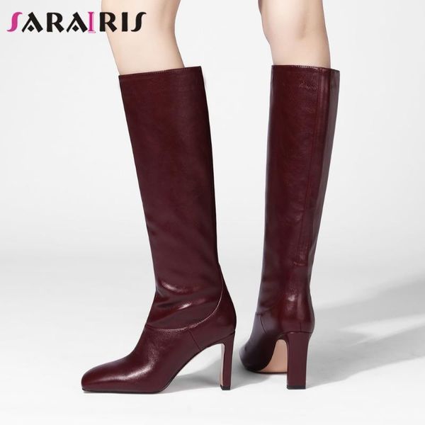 

sarairis 2020 high heels boots new autumn brand designer boots women solid color knee high dress shoes woman1, Black
