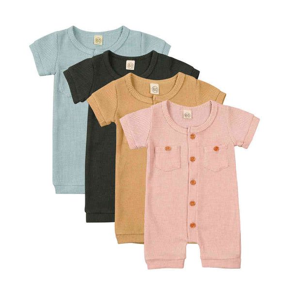 

2021-04-06 lioraitiin 0-24m infant baby boy girl summer romper solid short sleeve o-neck jumpsuit outfit 4styles g1221, Blue