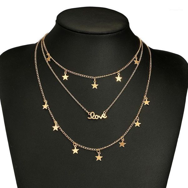 

women stylish geometric metallic multi-layered star pendant pentacle love necklace1, Golden;silver