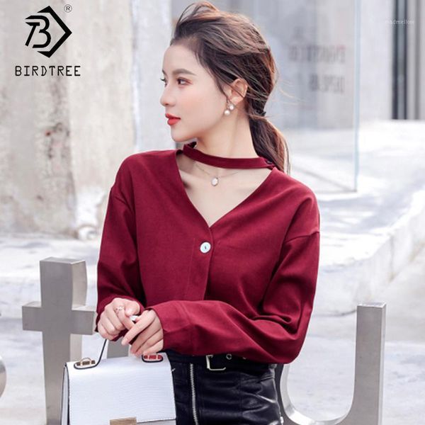 

women's blouses & shirts women broadcloth blouse shirt long sleeve v-neck halter button choker ladies fashion 2021 spring solid t01325, White