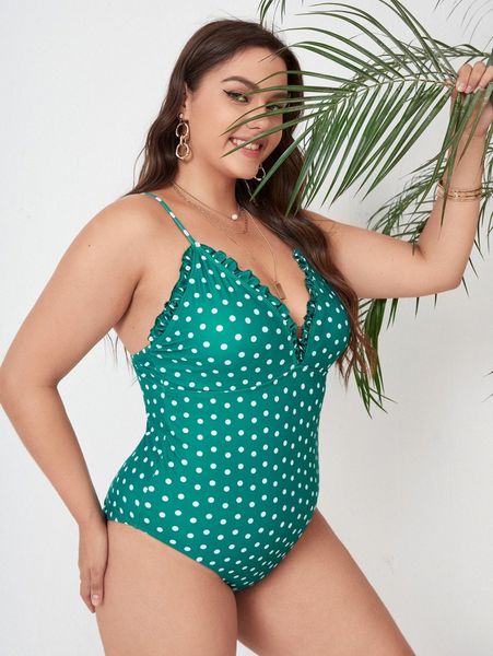 

plus polka dot frill trim one piece swimsuit z8pe#, Black