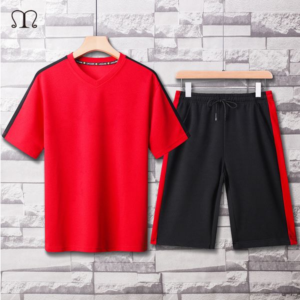 Dois pedaços mens conjuntos hip hop tshirt shorts casual tracksuit conjunto homens suor terno marca marca patchwork sportswear macho vermelho preto lj201117