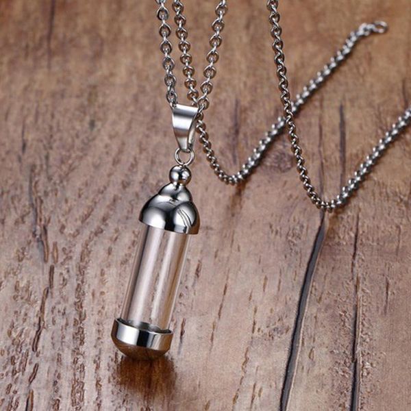 

pendant necklaces men stainless steel tube perfume bottle necklace for women glass storage bottles with chain, Silver