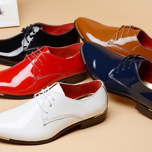 

pointed toes british men's business casual leather shoes korean version of patent leather men's lace-up large size dress shoes, Black