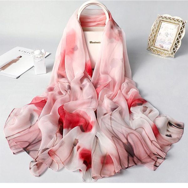 

реальный шелковый шарф для женщин 2020 новая мода флористические принтные шали и обертки тонкая длинная длинная пашмина дамы follard bandana, Blue;gray