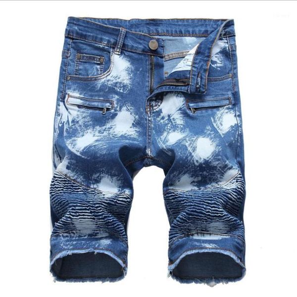 

men's jeans men blue denim shorts summer pleated stretch short high street style distressed zipper casual1