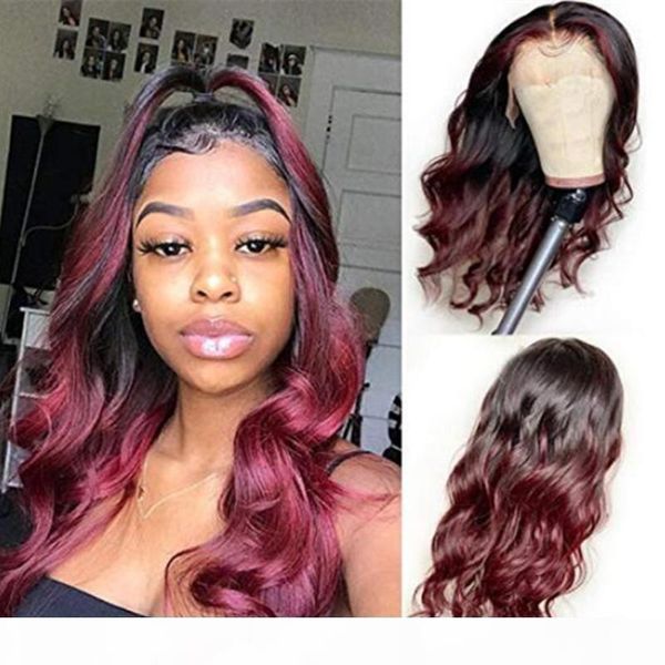 

ombre two tone 1b 99j full lace human hair wigs body wavy wig brazilian remy hair lace front wig for baby hair, Black;brown