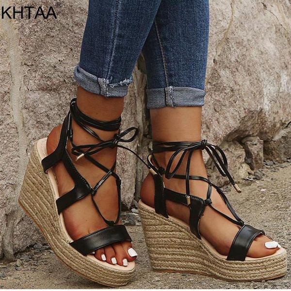 

sandals bohemia women wedges shoes bandage thick platform pu lace up woman summer casual plus size shoe female, Black