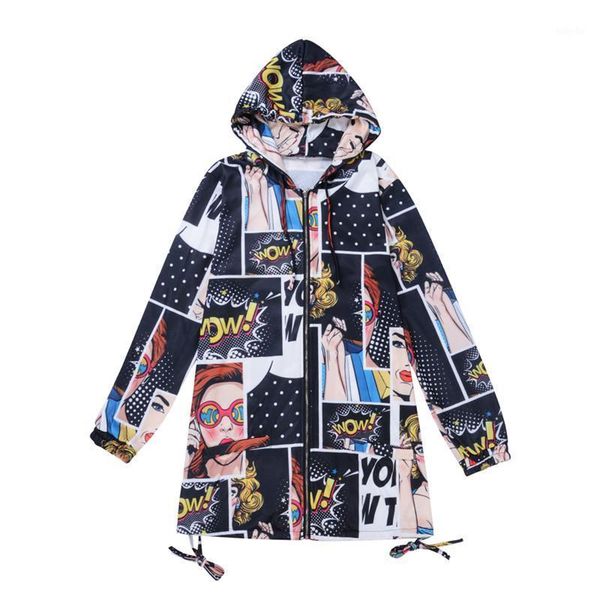 

new female's loose outwear printed long sleeves hooded zippers casual coats with pockets fashion ladies' autumn jackets, Black;brown