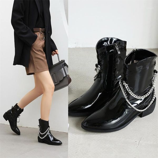 

boots size 33-43 med heel platform women shoes autumn winter fashion chain patent leather round toe zipper ladies1, Black
