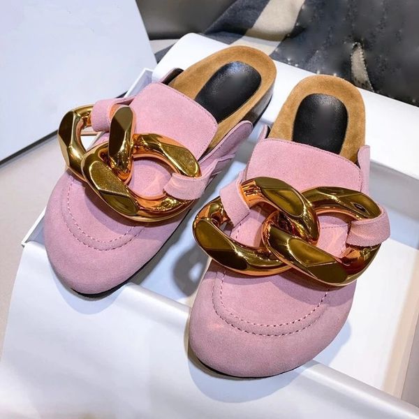 

gold chain mules round toe flat platform lazy loafers shoes women's outdoor beach slippers female shoes, Black