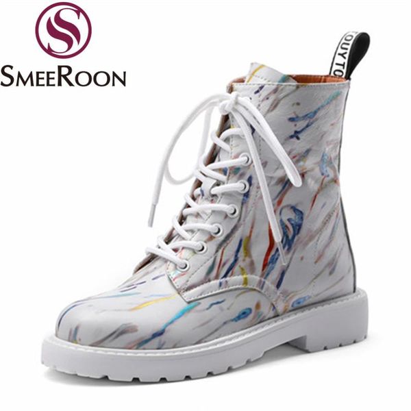 

smeeroon 2020 big size 34-43 genuine leather ankle boots low heel round toe casual shoes autumn lace up women boots, Black