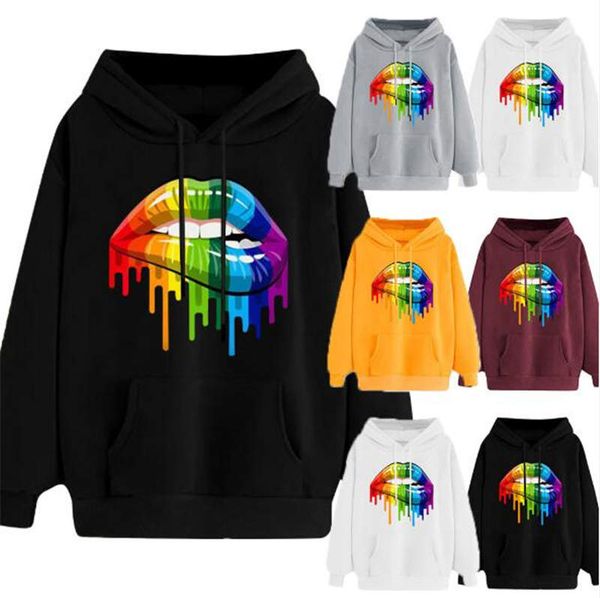 

autumn rainbow candy color plus fleece hoodie long sleeve european and american sweater couple lip print loose sweater, Black