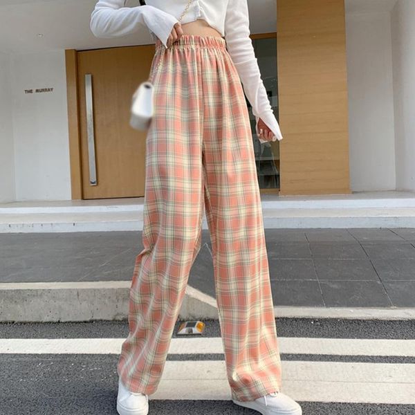 

vintage plaid pants elastic waist pants women high waist plus size wide leg casual female korean trousers harajuku, Black;white