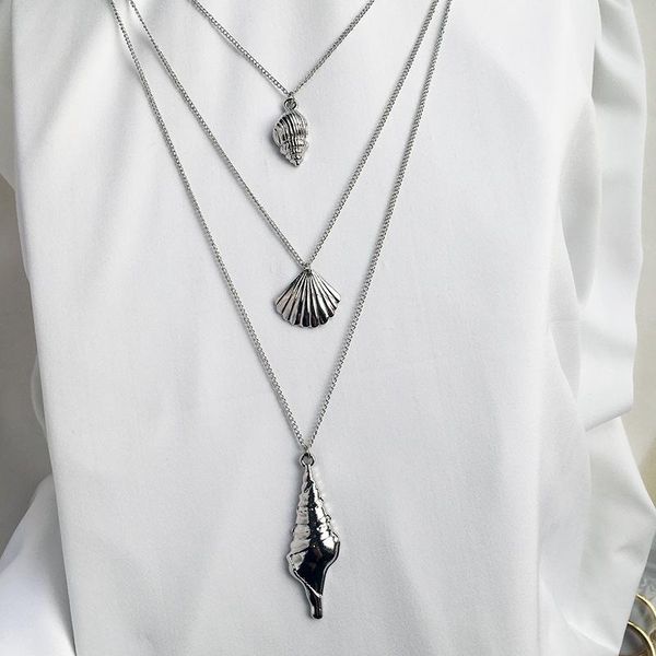 

pendant necklaces multi layer shell conch coin choker necklace summer beach clavicle chain for women lady girls, Silver