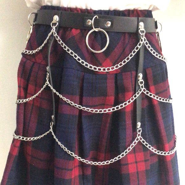 

luxury harness punk straps leather corset bondage chain belt adjustable silver tassel metal buckle garter waistband body belt, Black;brown