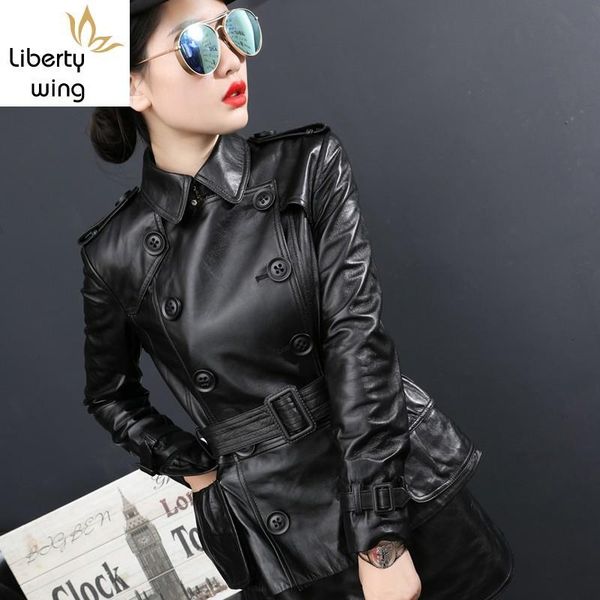 

100% genuine leather jacket women spring fashion double breasted sheepskin short coat street office lady slim fit outwear m-3xl, Black
