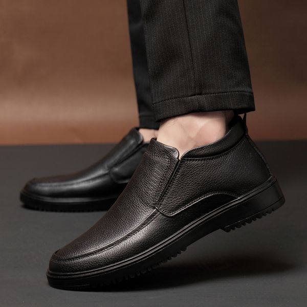 

ankle plush warm snow boots genuine leather russian style men winter outdoor fashion middle cut men's, Black