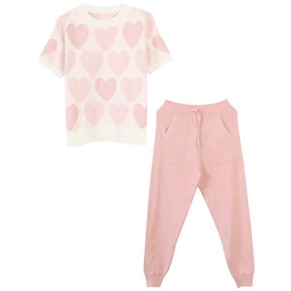 

2021 2 piece sets womens knit outfits love heart short sleeve o-neck + lace up waist ankle harem pants new pr3w, Black;white
