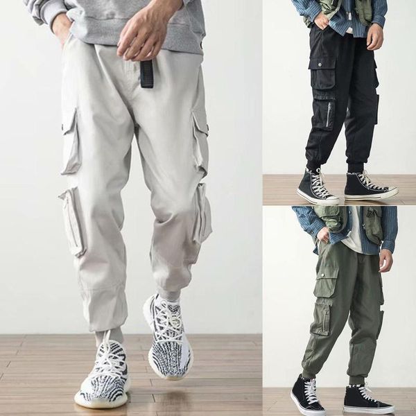 

men sweatshirts jogging pants men casual pants casual multi pockets ankle tied drawstring long cargo loose trousers1, Black