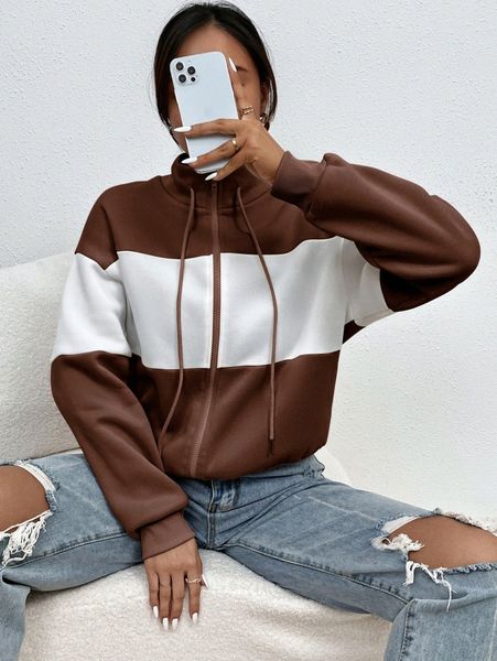 

colorblock zipper up drawstring sweatshirt i2vo#, White;black