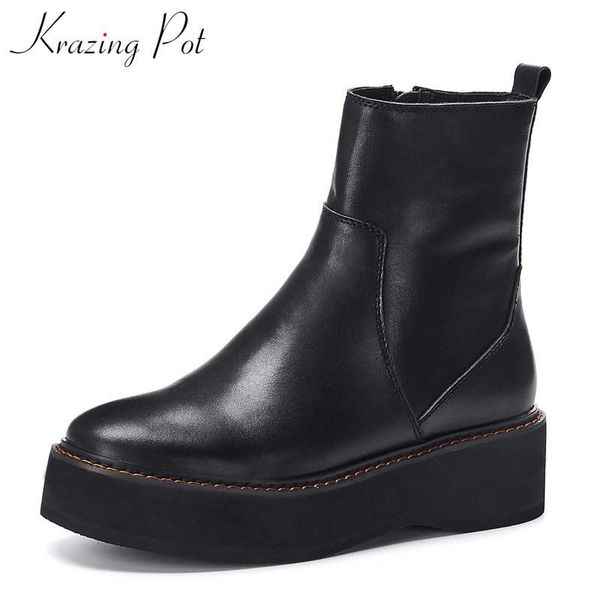 

krazing pot thick bottom genuine leather boots round toe high heels women fashion winter daily wear keep warm ankle boots l81, Black