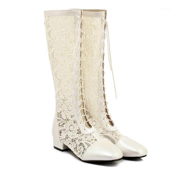 

boots summer women square heel zipper lace mesh breathable casual women's shoes high mid-calf fashion big size 33-461, Black