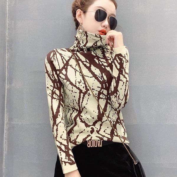 

autumn winter printed knitted jumper turtleneck pullovers stretch casual sweaters women shirt long sleeve tight sweater1, White;black