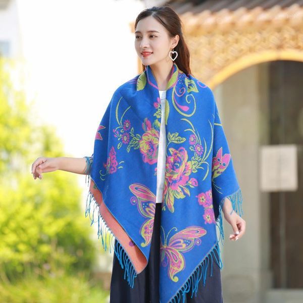 

scarves brand women square scarf national style print winter ladies retro fringed foulard bandana travel imitation cashmere1, Blue;gray