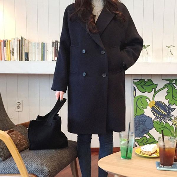 

adisputent new thin wool blend coat women long sleeve turn-down collar outwear jacket casual autumn winter elegant overcoat1, Black