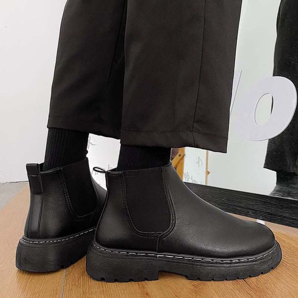 

winter leather waterproof and warm new men's martin boots high-men's shoes mid-casual trend tooling boots thick-soled hiking boots, Black