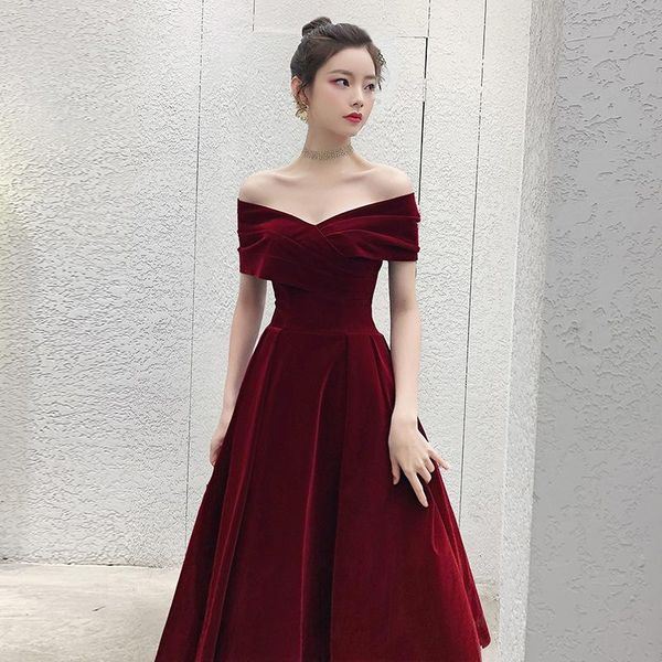 

ethnic clothing elegant burgundy evening dress cheongsam one shoulder short sleeve velour a-line prom fomail gown vestidos de noche, Red