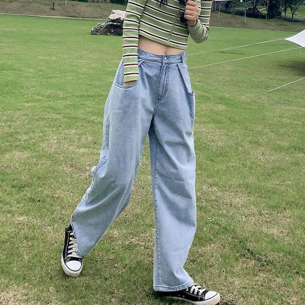 

elfsack solid minimalist washed casual denim jeans women,2020 autumn elf pure high waist korean ladies daily wide leg trousers, Blue
