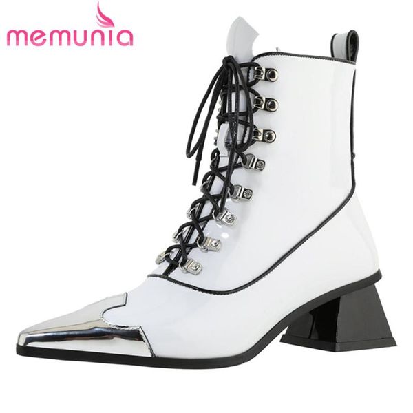 

boots memunia 2021 fashion ankle women cross tied metal pointed toe autumn winter square heel woman casual shoes, Black