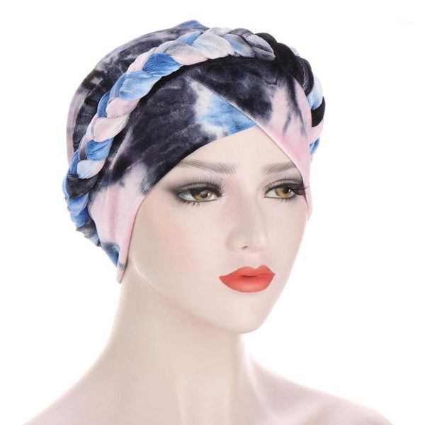 

new style new tie-dyed brushed milk velvet braid hat with short braid and concealed hair turban hat1, Blue;gray