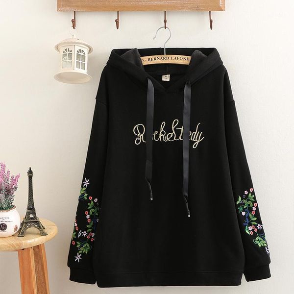 

women sweatshirt hooded fleece warm winter autumn 2020 new mori girl pullover loose embroidered long sleeve fashion women blouse1, Black