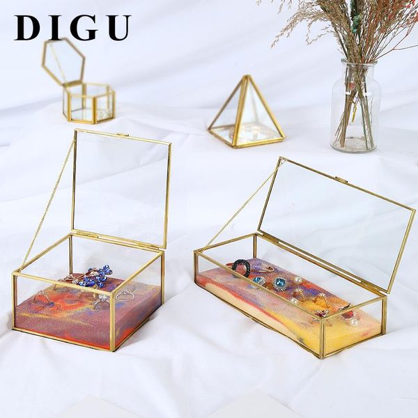 

digu geometrical clear and beauty jewelry glass box portable square jewelry box storage accessories, Pink;blue