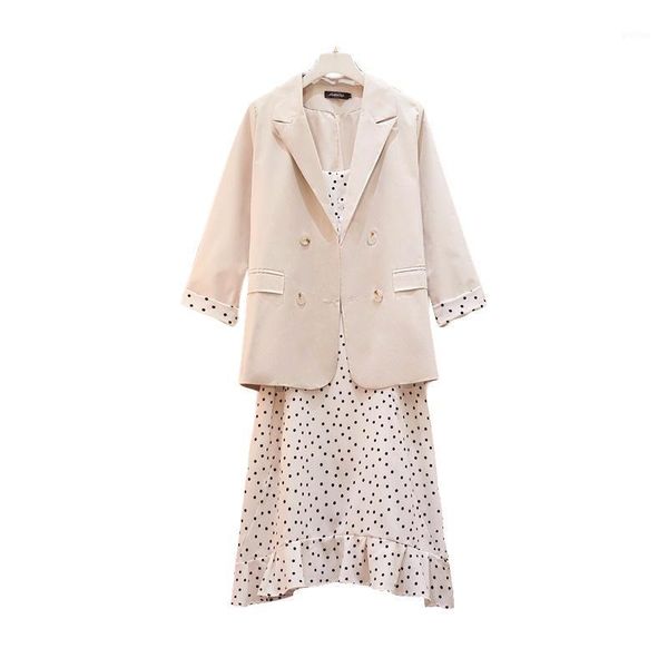 

women's polka dot blazer dress two piece set three quarter sleeve blazer coat plus size vintage vestido robe femme 20201, White;black