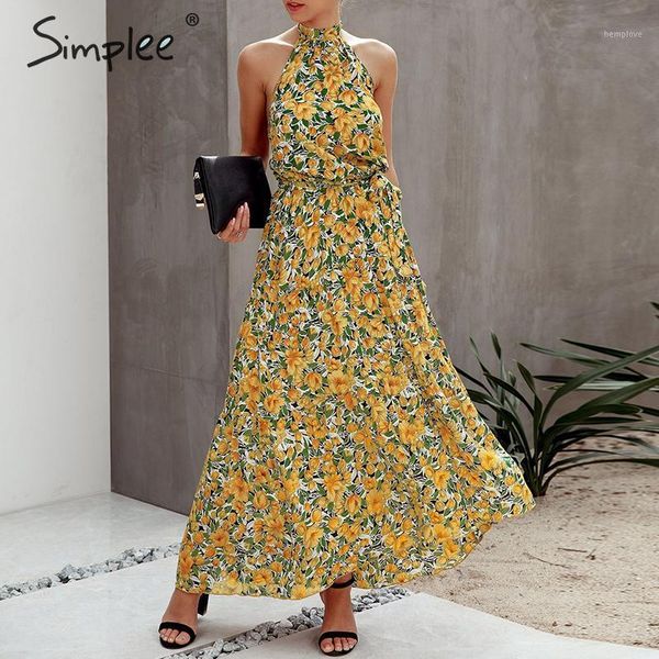 

simplee floral print women dress plus size sleeveless belt high waist boho maxi dress casual holiday fashion party summer1, Black;gray