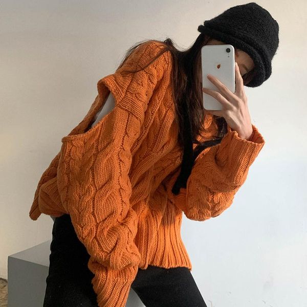 

dunayskiy 2021 new autumn and winter long sleeve jumper knitted loose fashion pullover femme hollow out sweater, White;black