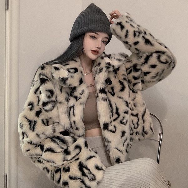 

lucyever fashion leopard short furry jacket womens 2020 winter keep warm faux fur coat woman korean turn-down collar plush coats, Black